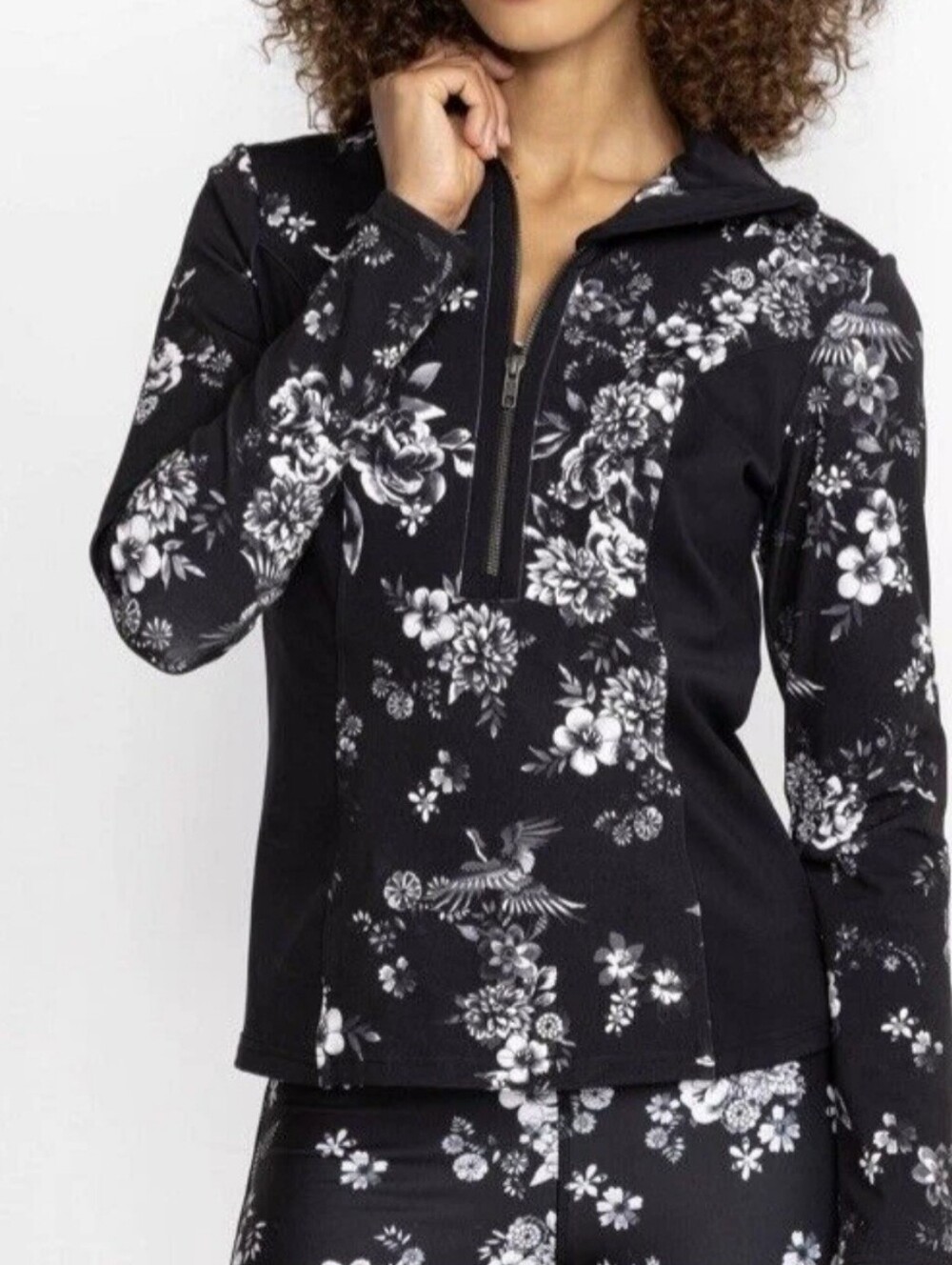 Johnny Was Dreamer Blocked Athletic Mock Neck Top Jacket XS Black White Floral